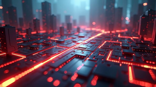 futuristic digital cityscape or circuit board terrain with glowing red and orange neon lights