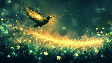 Magical Bird Soaring Through Glowing Field Of Flowers
