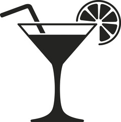 Black cocktail glass with straw and lemon slice on transparent background silhouette