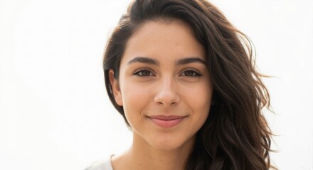 Close-up portrait of a smiling young woman with long brown hair. Natural beauty headshot of a happy female on a white background with copy space