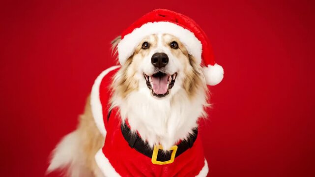 Happy dog in a Santa Claus costume looking at camera. Christmas pet party celebration concept. Festive holiday season footage.