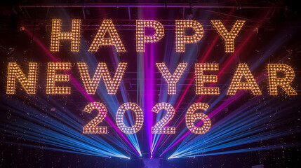 Happy New Year 2026 Neon Text in Vibrant Festive Party Lights
