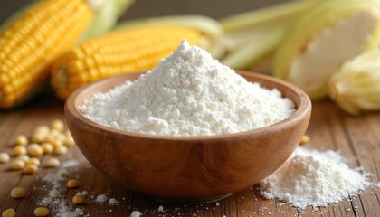 Close photo wooden bowl filled with white cornstarch and fresh corn cobs. Ingredients for cooking baking. Concept of food products. Food industry and market.