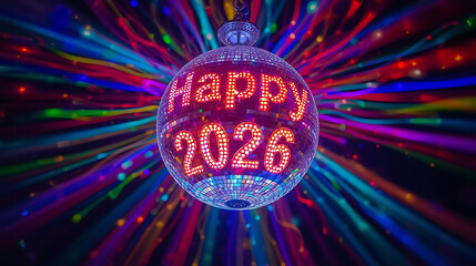 Happy 2026 Neon Ornament with Radiant Light Effects and Festive Energy