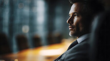 A confident mature businessman in profile gazes thoughtfully into the distance set against a blurred corporate office background