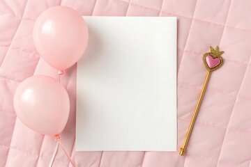 Soft pink balloons and a magical wand rest on a textured pastel pink background with a blank white card