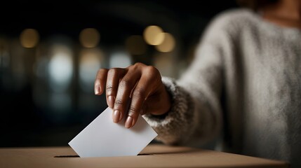 A hand casts a ballot into a voting box symbolizing democratic participation and civic duty