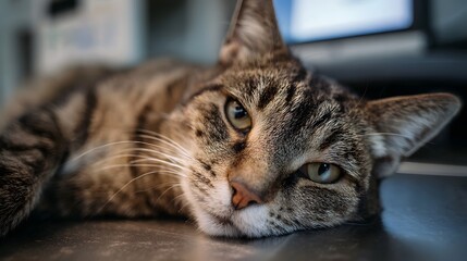 A close up portrait of a relaxed tabby cat resting its head on a surface looking towards the viewer with calm green eyes