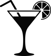 Black martini glass with orange slice and straw on transparent background silhouette