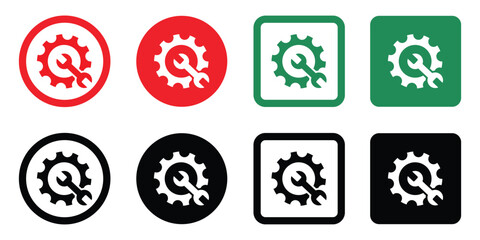 Set of vector gear settings icons in red, green, and black. Circle and square backgrounds. Minimal, modern design for app interface use. Isolated on white.