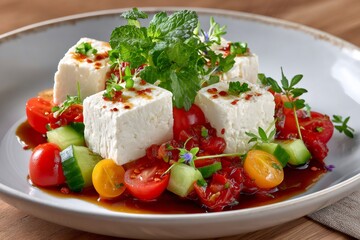 Fresh Greek feta cheese salad with mint and tomatoes