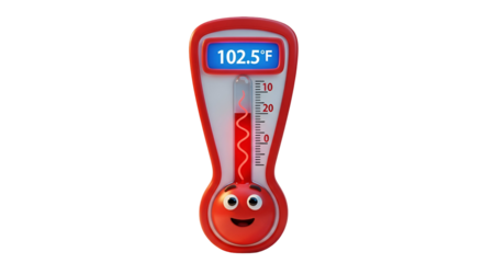 3d icon of cartoon thermometer showing a high fever isolated on transparent background, indicating illness or infection