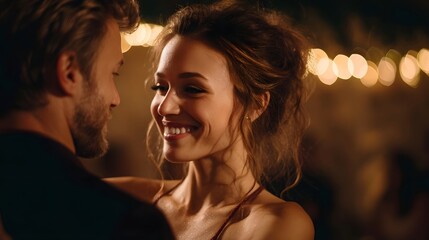 A happy couple shares a loving moment while dancing at a festive event illuminated by warm fairy lights