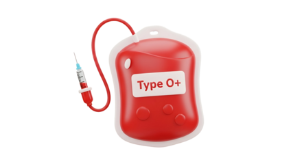 3d icon of cartoon blood bag with type o positive isolated on transparent background, representing donation or transfusion