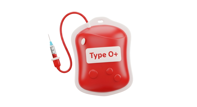 3d icon of cartoon blood bag with type o positive isolated on transparent background, representing donation or transfusion