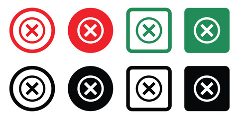 Fototapeta premium Set of vector Wrong Icons in red, green, and black. Circle and square backgrounds. Minimal, modern design for app interface use. Isolated on white. 