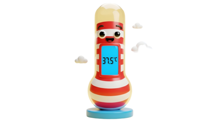 3d icon of cartoon thermometer isolated on transparent background cute medical device with digital display showing temperature