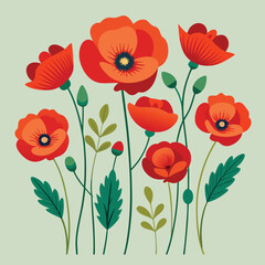 Fototapeta premium Vibrant poppy flower vector illustration set with delicate petals and green stems