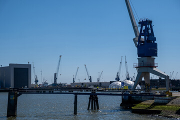 Fototapeta premium Port of Rotterdam, Netherlands. Cargo ships and cranes loading, Logistics business