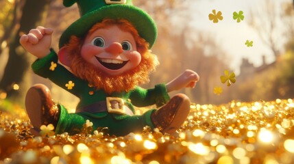 Happy Leprechaun Sitting In Golden Treasure