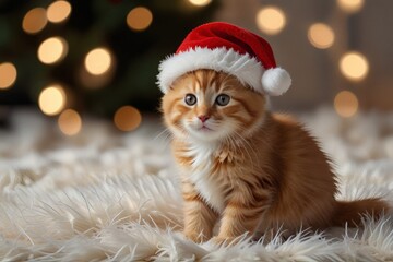 Adorable ginger kitten wearing a santa hat sitting on a fluffy rug with christmas lights in background