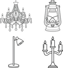 Collection of iconic lamps and lighting fixtures line art icons, line art illustration for children's simple coloring book