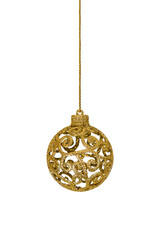 A Christmas decorative tree ornament in the shape of a golden ball on a string, isolated on a transparent background with clipping path. Design element for Christmas card