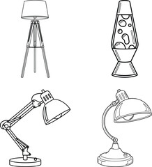 Set of four sketch style lighting fixture icons for interior design, line art illustration for children's simple coloring book