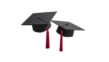  Dual variations of garnet-tasseled graduation caps isolated on transparent background