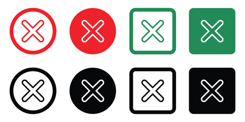 Set of vector Wrong Icons in red, green, and black. Circle and square backgrounds. Minimal, modern design for app interface use. Isolated on white. 