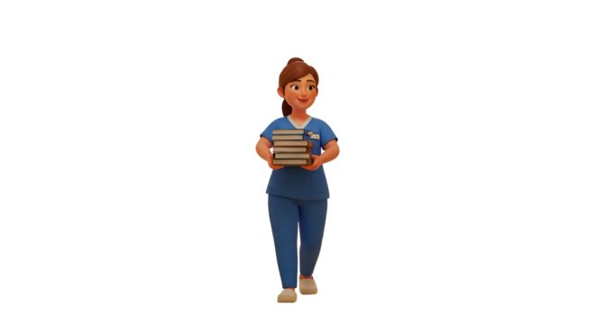 3d icon of cartoon nurse carrying a stack of books while walking isolated on transparent background