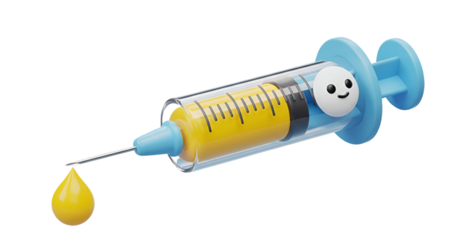 3d icon of cartoon syringe with yellow liquid isolated on transparent background, representing vaccination or medical treatment