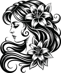 Elegant woman with floral hair design black and white on transparent background silhouette