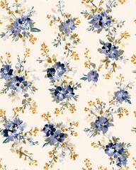 Seamless Pattern Blue floral pattern on white background.