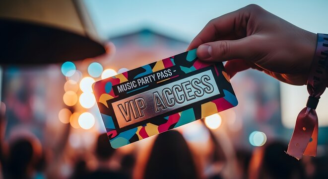 Close up of a colorful vip access music festival pass held by a person