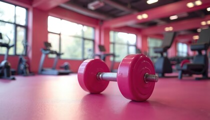 Fototapeta na wymiar Pink dumbbell rests on pink gym floor. Treadmills and other exercise machines are visible in background. Fitness equipment in bright modern gym.