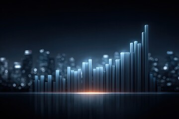 Fototapeta premium Digital Bar Graph Rising Upwards Over a City Skyline at Night Illuminated by Blue and Orange Lights Symbolizing Financial Growth and Success