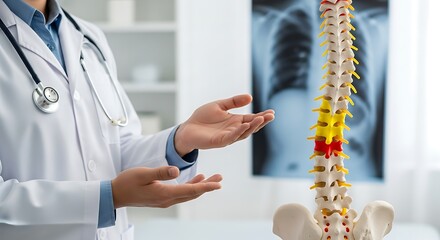 Doctor explaining spinal anatomy and health with a vertebral column model and x ray