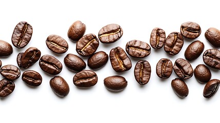 Fototapeta premium A top view of roasted coffee beans scattered on a white surface in a horizontal arrangement style