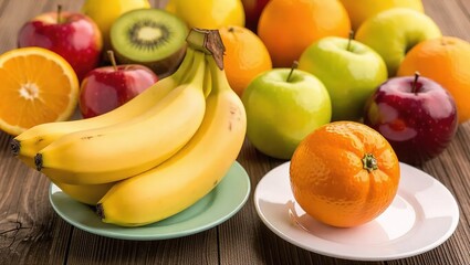 A vibrant assortment of fresh fruits including bananas apples oranges and kiwis arranged on a wooden surface.