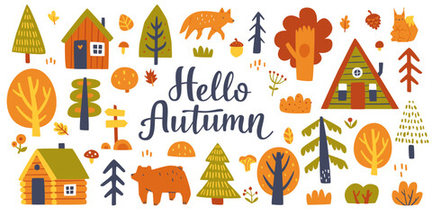Doodle autumn set with plants, animals and houses. Cartoon vector cozy autumn collection.
