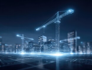 Digital Construction Site With Glowing Blue Cranes and Futuristic Buildings at Night