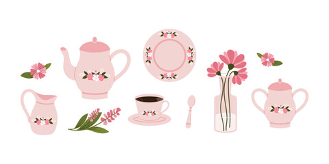 Beautiful vintage tableware set with a floral pattern for tea or coffee. Vector design.