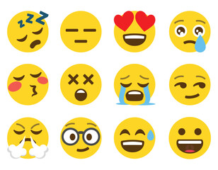 Fototapeta premium A collection of twelve yellow circular emojis expressing various emotions and facial expressions vector