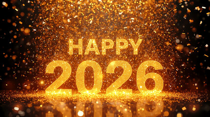 Golden Happy 2026 Glitter Text with Shiny New Year Celebration Background