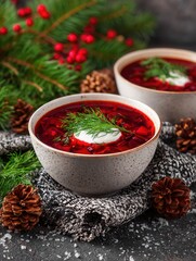 Festive borscht soup with sour cream garnish pine decorations