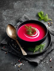 Beet soup with dill cream garnish on dark rustic table