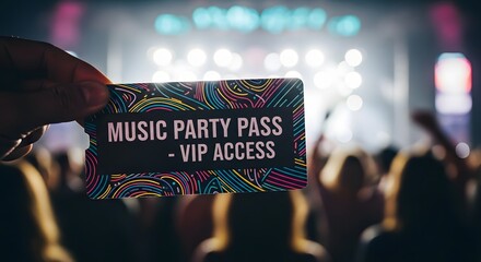 Hand holding a music party pass with vip access at a concert with a crowd