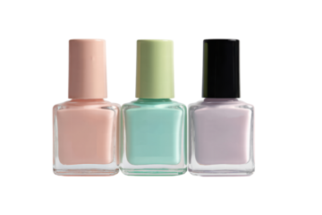 Three bottles of nail polish are lined up on a white background. The bottles are different colors, with one being pink, one being green, and one being purple. The bottles are all clear, png