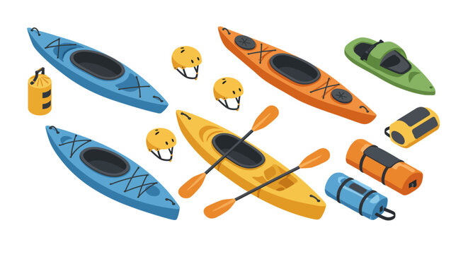 Colorful canoeing equipment collection with kayaks, paddles, and helmets